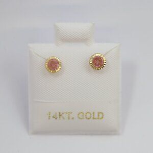 14K Solid Yellow Gold Round Pink CZ Stud Earrings • 4mm Feminine Elegant Design.